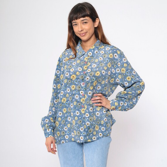 Blue Floral Blouse 90s Button Up Shirt Blue Long Sleeve Top Flower Print Collared Top Casual 1990s Vintage Extra Large xl 16