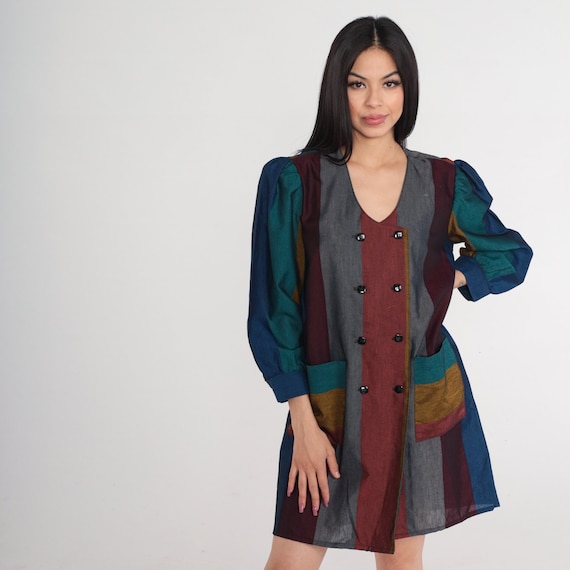 80s Striped Dress Puff Sleeve Mini Dress Shirtdress Double Breasted Button up Shift Retro Secretary Grey Red Blue Green Vintage 1980s Medium