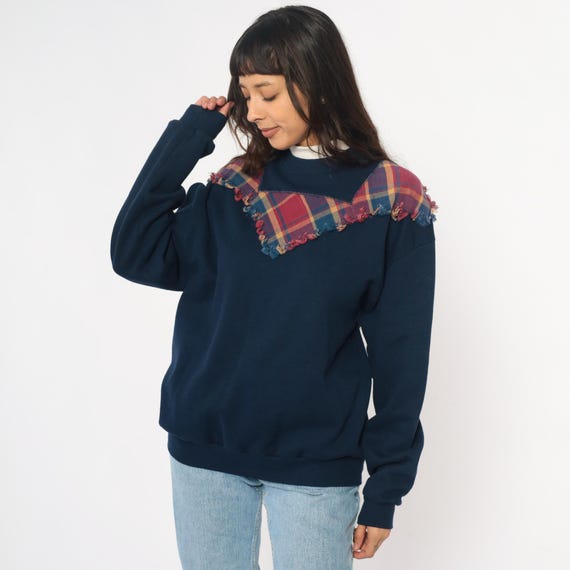 90s Plaid Sweatshirt Yoke Blue Teal Flannel Shoulder Frayed Edge Long Sleeve Grunge Dark Academia Cotton Pullover Vintage Extra Large XL