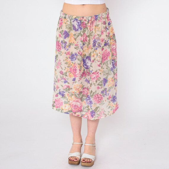 Floral Midi Skirt 80s Summer Skirt Elastic Waist Flower Rose Print Retro Boho Hippie Girly Tan Pink Purple Green Vintage 1980s Medium Large