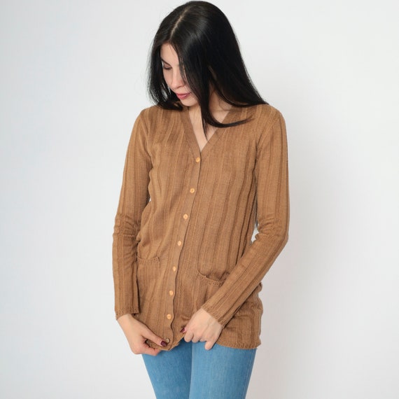 Brown Ribbed Cardigan 90s Button up Knit Sweater Plain Basic V-Neck Retro Slouchy Fall Grandpa Cardigan Vintage 1990s Small S