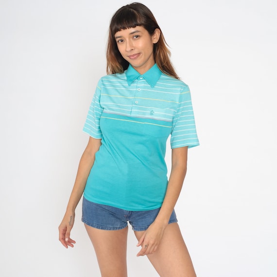 80s Polo Shirt Turquoise Striped Munsingwear Shirt Blue Shirt Half Button Up Shirt 1980s Retro Vintage Tee White Pink Small xs