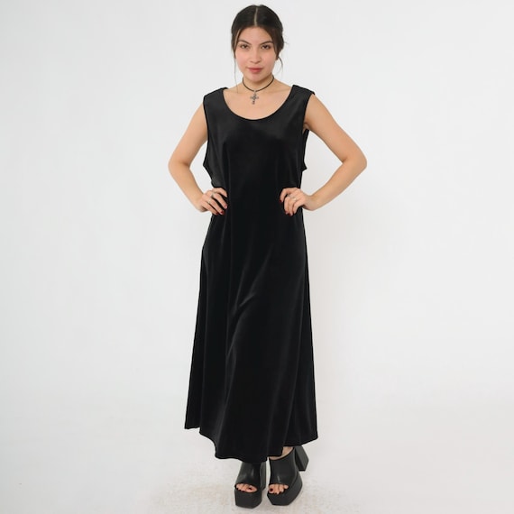 Vintage Black Velvet Dress 90s Going Out Maxi Dress Goth Velour Party Dress Sleeveless Shift Scoop Neck 1990s Gothic Large L