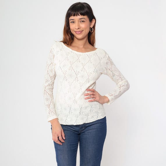 Sheer Lace Shirt 80s White Floral Top Retro Long Sleeve Blouse Boat Neck Flower Print Blouse Boho Girly Romantic 1980s Vintage Medium