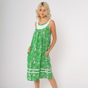 90s Hawaiian Dress Green Floral Print Butterfly Dress Ruffle Trim Sleeveless Summer Dress Tropical Print Beach Dress Midi Medium M