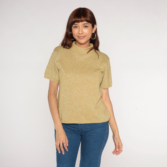 Gold Knit Shirt 90s Sparkly Metallic Blouse Short Sleeve Top 1990s Sweater Hipster Bohemian Crewneck Party Top Classic Retro Vintage Medium