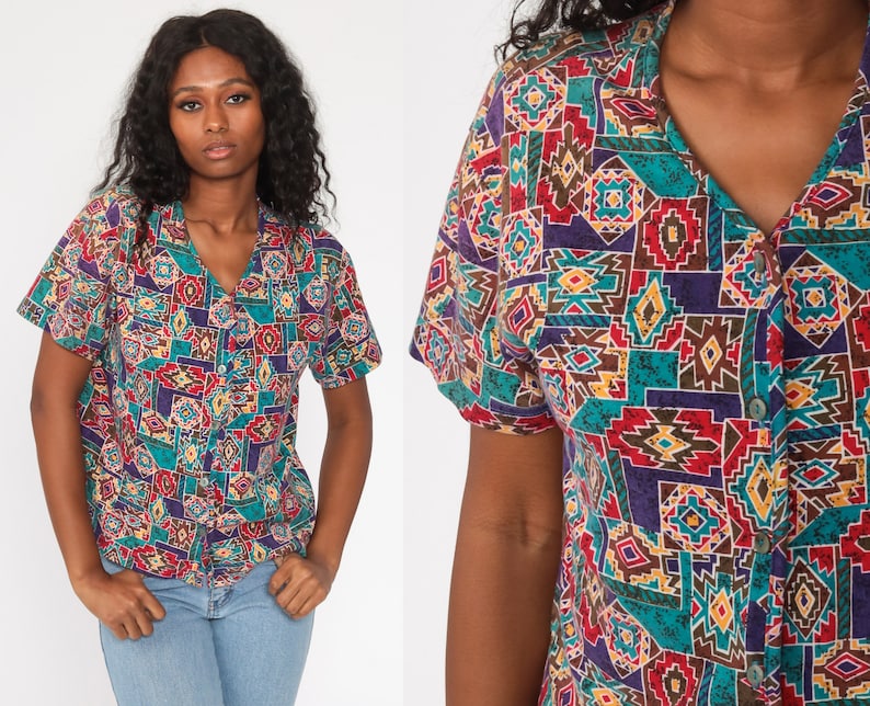 Aztec Shirt Tribal Shirt 90s Southwestern Shirt Geometric Print Short Sleeve Button Up 1990s Vintage Grunge Southwest Medium