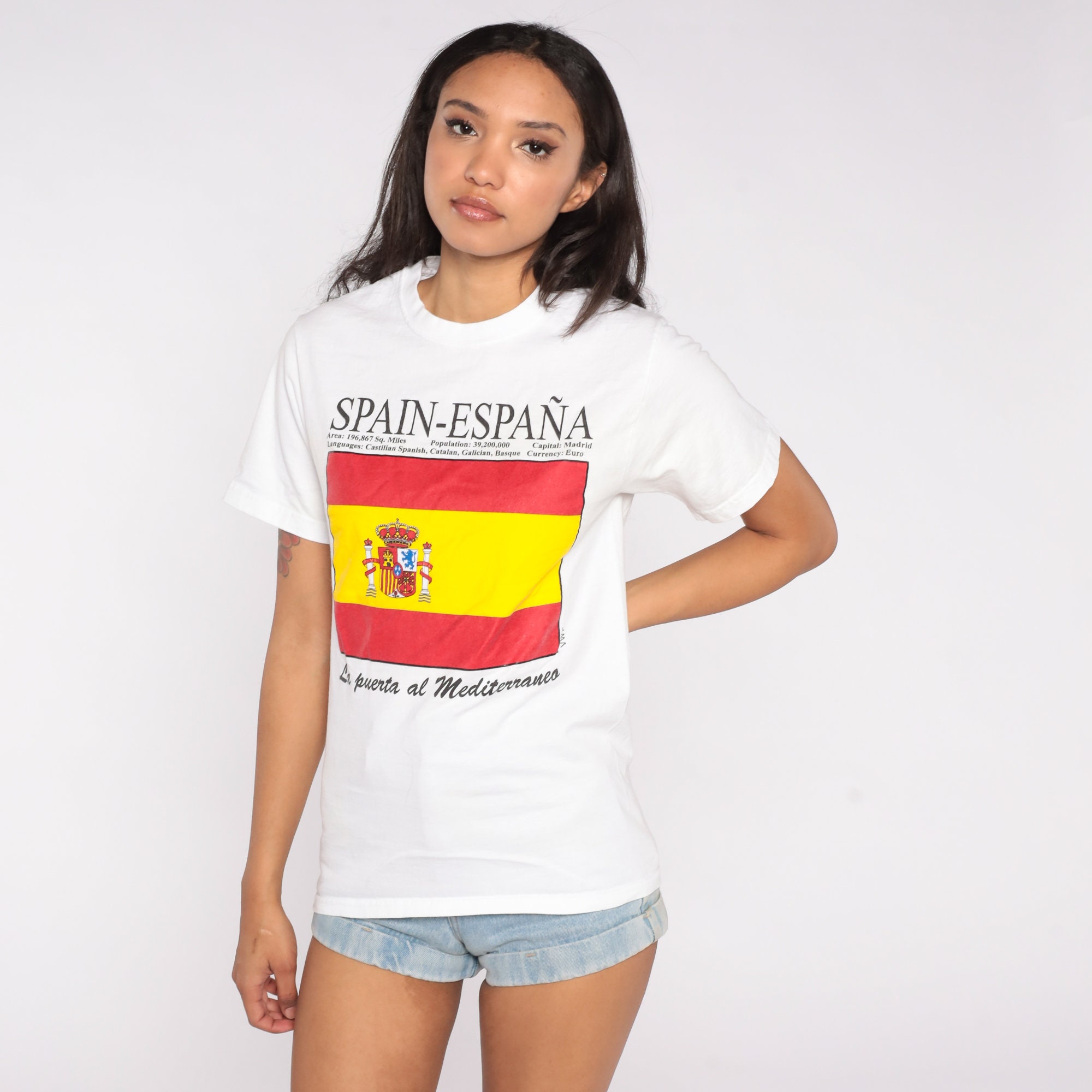 Tee Small White Flag Spain Stitch Vintage 80s Etsy T Shirt 90s Graphic Tshirt Mediterranean Spanish Single Tourist Retro 1990s España 1980s Shirt -