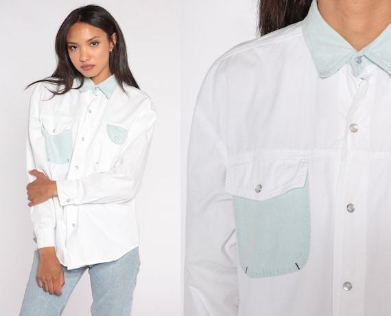 White Pearl Snap Shirt 90s Western Button Up Collared Cowboy Top Plain Rodeo Pocket 1990s Vintage Collar Long Sleeve Large