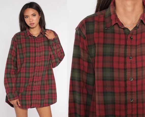 Red Plaid Shirt Y2k LL Bean Button Up Shirt Retro Flannel Top Lumberjack Long Sleeve Collared Grunge Vintage 00s Mens Large Tall L