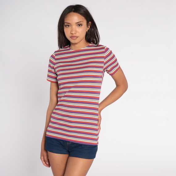 Striped T-Shirt 70s Tee Retro Mod TShirt Short Sleeve Shirt Basic Top Seventies Streetwear Purple Orange Beige White Vintage 1970s Small S
