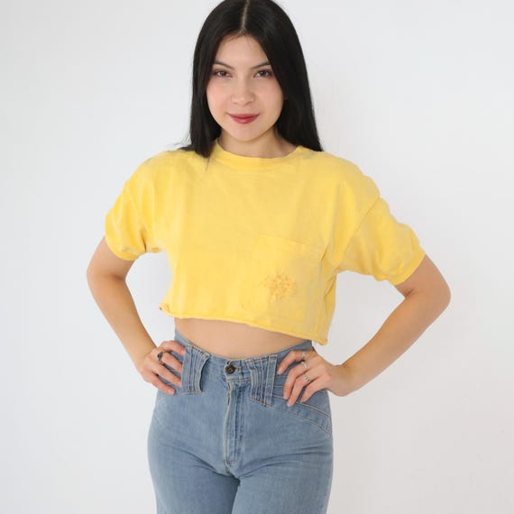 Vintage Yellow Crop Top Embroidered Pocket Cropped TShirt Plain 90s Grunge Top Retro Tee Normcore Basic T Shirt Small Medium