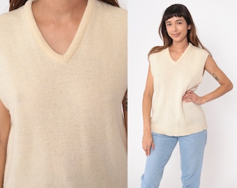 Cream Sweater Vest Top 80s Wool Knit V Neck Tank Top Sleeveless Nerd 1980s Preppy Shirt Sleeveless Plain Vintage Medium