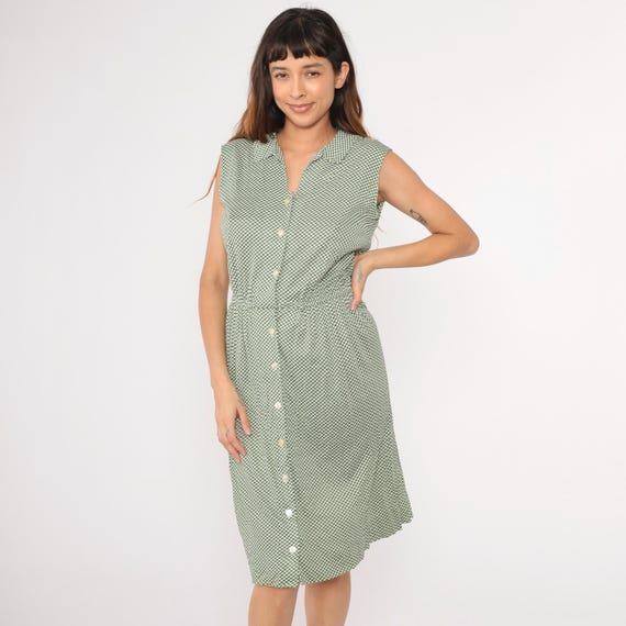 70s Checkered Dress Midi Green White Print High Elastic Waist ShirtDress Vintage Sleeveless Button Up Preppy Day Dress Small Medium