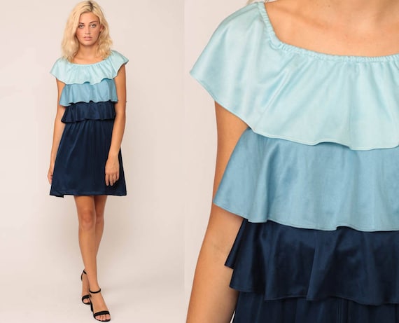 70s Mini Dress Blue Tiered Flutter Sleeve Boho Party 1970s Bohemian Disco Striped High Waist Hippie Vintage Grecian Minidress Medium Large