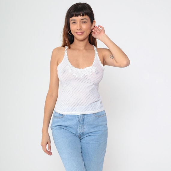 Lace Cami 90s White Eyelet Tank Top Vintage Camisole Lace Trim Straps 90s Delicate Top Feminine Slip Style Romantic Small Medium M