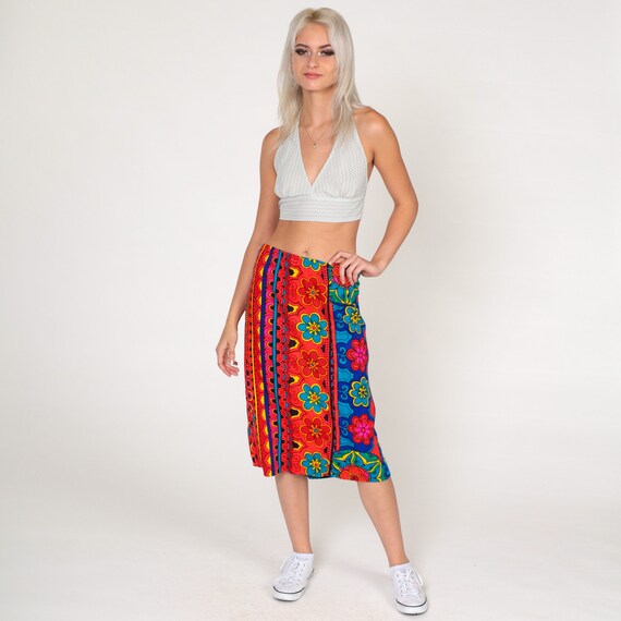 Floral Midi Skirt 70s Boho Flower Power Hippie Skirt High Waisted Blue Orange Striped 1970s Bohemian Festival Vintage Retro xl 2xl xxl