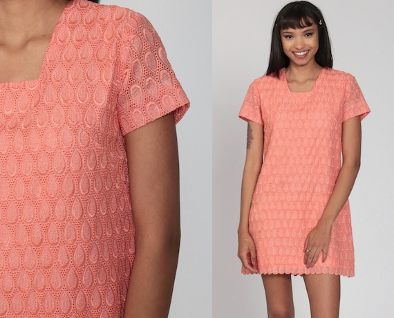 Vintage LACE Mini Dress Orange 60s Mod Party 1960s Cocktail Dress Bohemian Shift Boho Short Sleeve Romantic Formal Dress Small