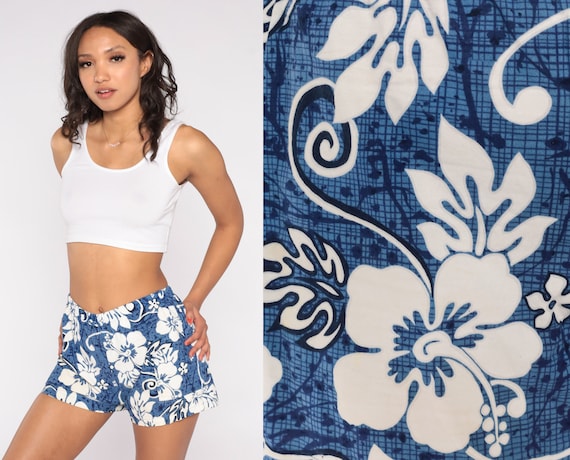 Hawaiian Beach Shorts 90s Tropical Floral Shorts Blue Hibiscus Flower Print Summer Surfer High Waisted Retro Surf Boho Vintage 1990s Small S