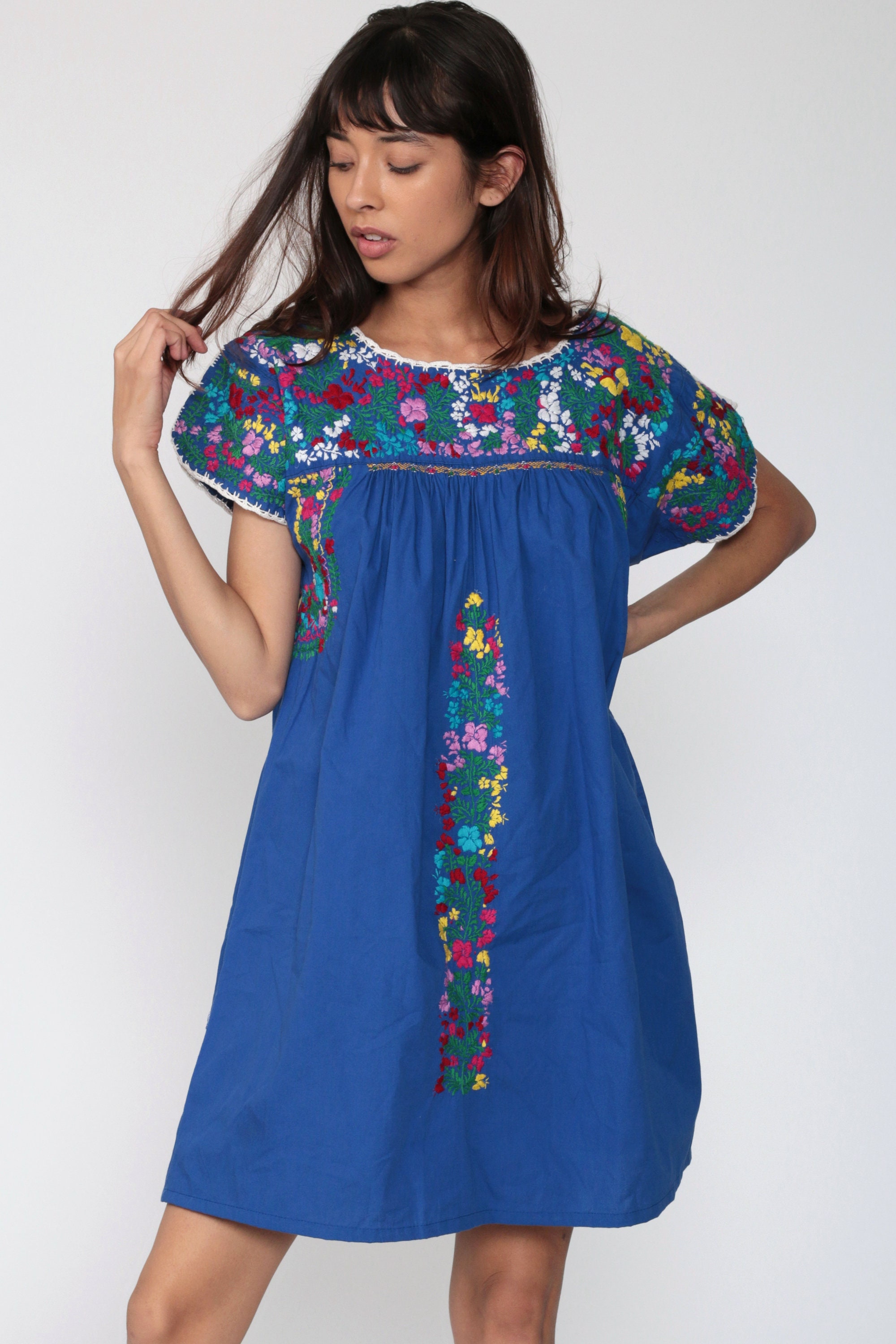 Oaxacan Dress Blue Mexican Dress Embroidered Dress Hippie Boho Mini ...
