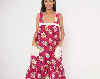 Vestido de verano con estampado de margaritas de los 90, fucsia, algodón, estampado floral, sin mangas, cuello cuadrado, volantes, blanco, rosa, estilo babydoll, con bolsillos, estilo pradera vintage, talla pequeña S