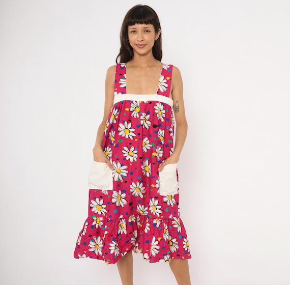 Daisy Print Sundress 90s Fuchsia Cotton Floral Sleeveless Square Neck Ruffle White Pink Summer Babydoll Tank Pockets Prairie Vintage Small S