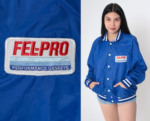 90s Racing Bomber Jacket Fel-Pro Performance Gaskets Blue Motorsports Uniform Snap Up Windbreaker Baseball Coat Retro Vintage 1990s Large L