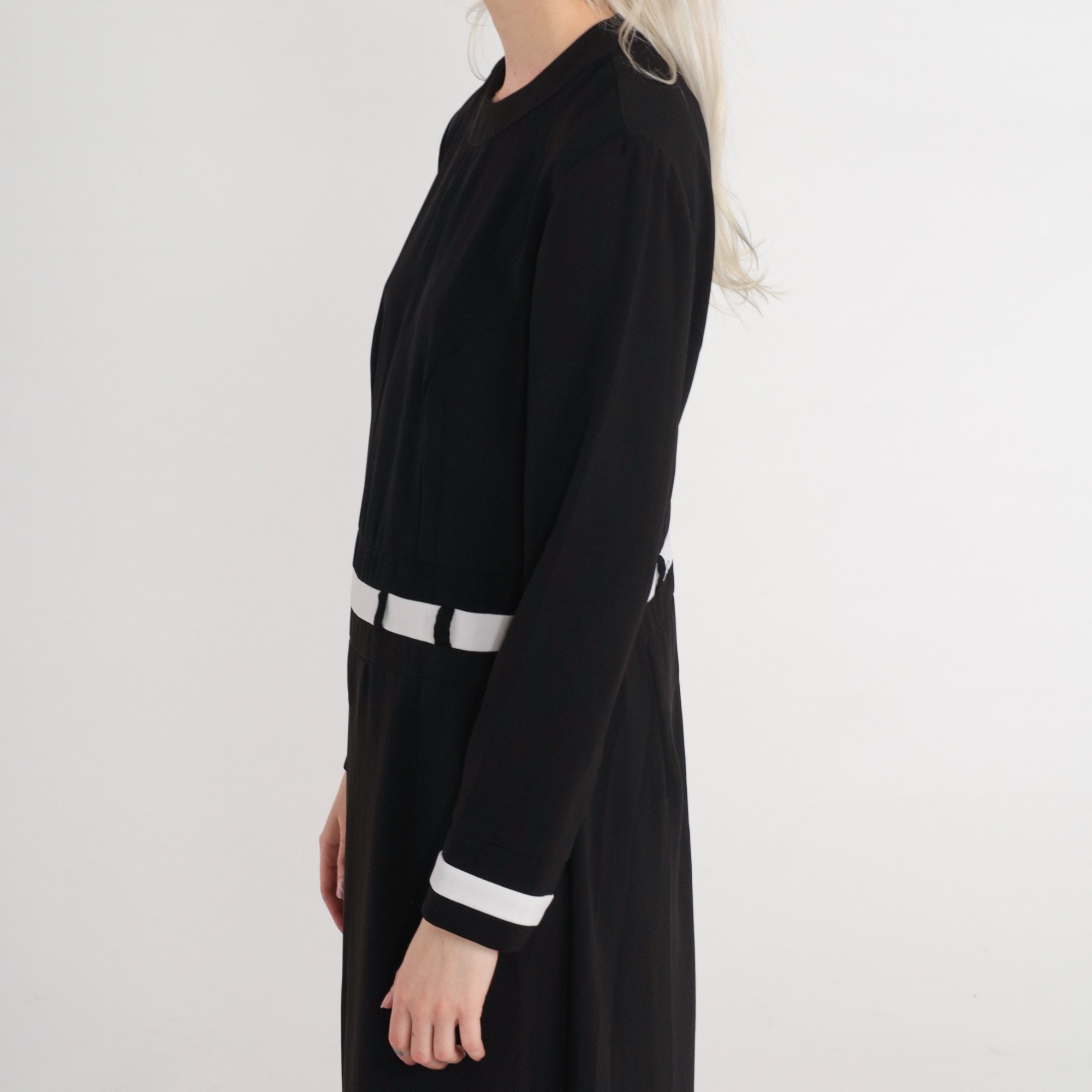 Black Maxi Dress 90s Long White Trim Dress Long Sleeve Black Maxi Dress 90s Long White Trim Dress Long Sleeve