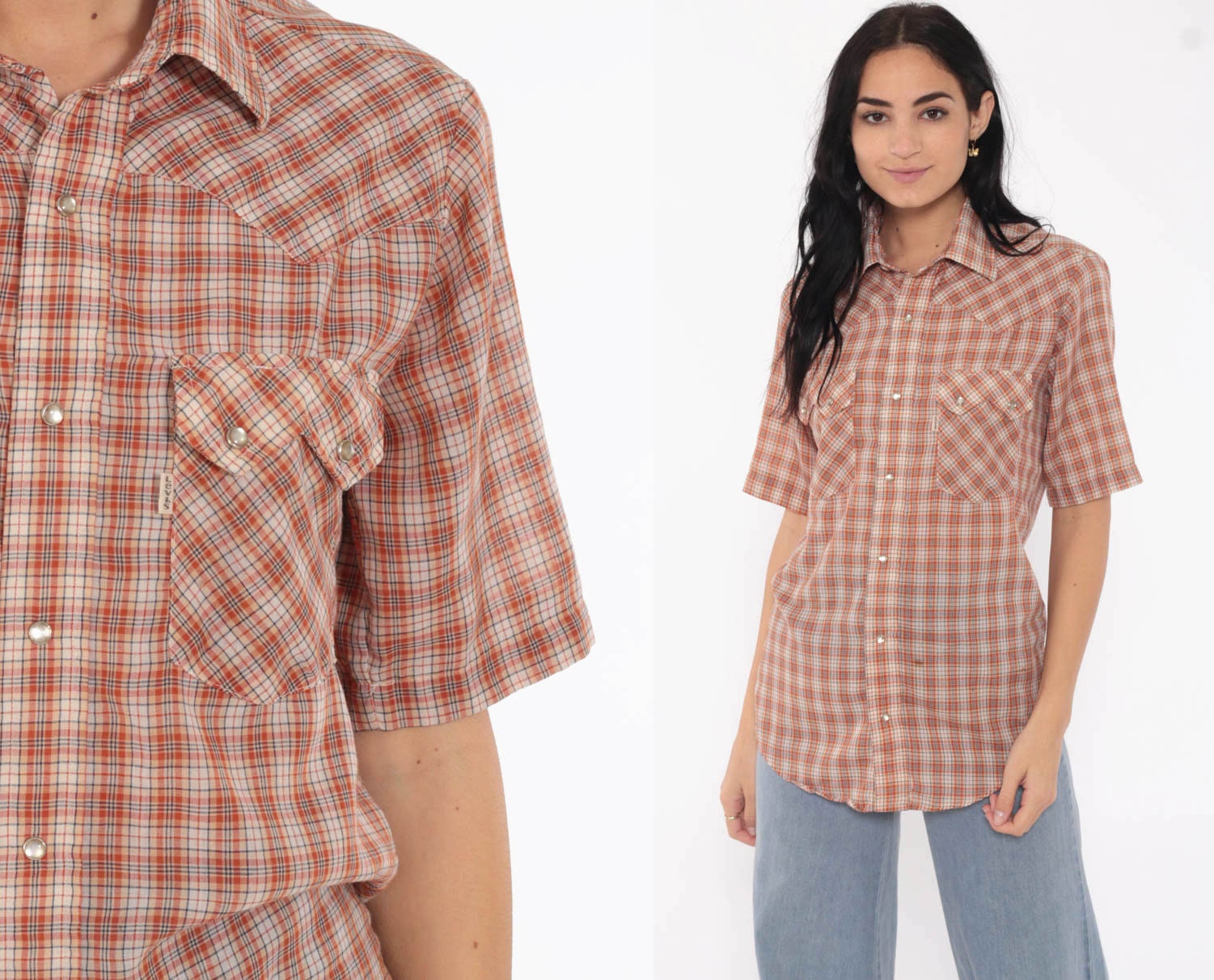 Levis Shirt Western Shirt 70s Orange Plaid Shirt PEARL SNAP Button Up ...