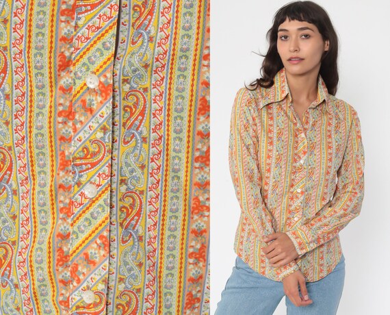 70s Shirt Psychedelic Paisley Print Blouse Orange