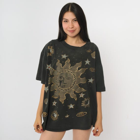 Vintage Metallic Celestial Shirt 90s Sun and Moon Shirt Gold & Silver Graphic T Shirt 1990s Beaded Short Sleeve Small Medium Large OS
