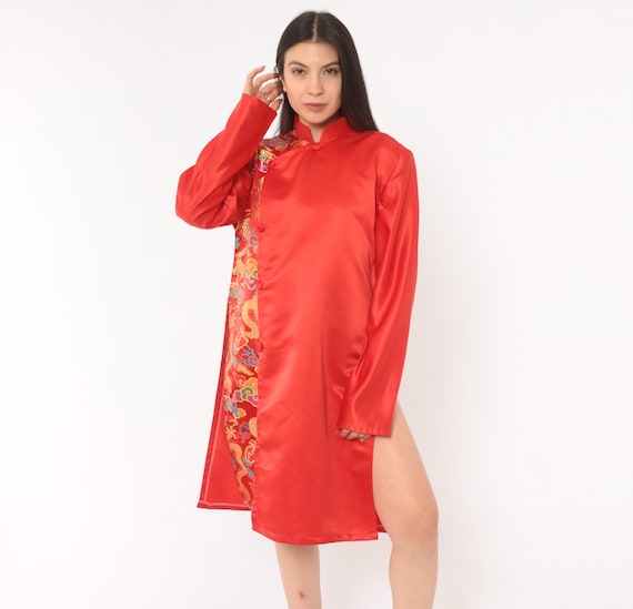 Y2K Red Satin Tunic Dragon Brocade Trim Mandarin Collar Snap Front Long Sleeve Gold Embroidered Standing Collar Scarlet Shirt Dress Large L