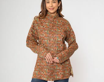 70s Floral Stand Collar Shirt Vintage Orange Boho Tunic Top Patchwork Hippie Button Up Bohemian Red Green 1970s Long Sleeve Men's Medium