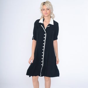 Black and White Dress 90s Button up Mini Dress Short Sleeve Shift Goth Fay Retro Gothic Collared Preppy Collar Simple Vintage 1990s Medium M