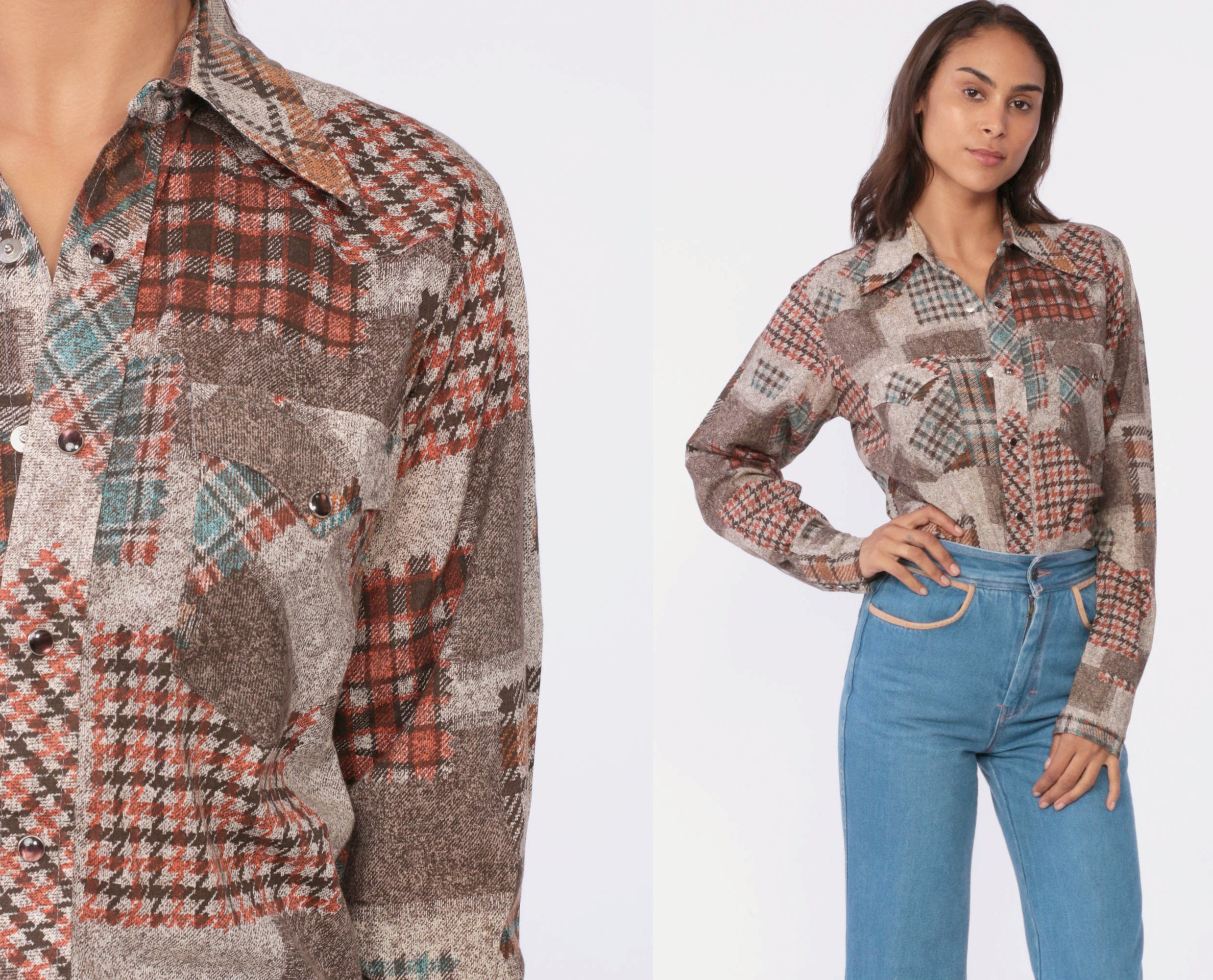 Patchwork Plaid Shirt 70s Pearl Snap 