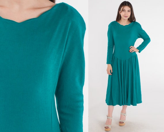 Drop Waist Dress Dress Teal Green Midi Dress 00s Plain Scalloped Neckline Long Sleeve Full Skirt Fit and Flare Retro Vintage Y2K Medium 8