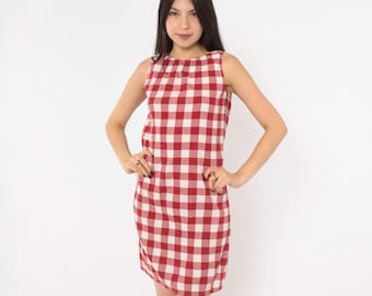 Y2K Red Gingham Dress White Checkered Sleeveless A Line Shift Crinkle Texture Summer Picnic Cottagecore Prairie Sundress Vintage Medium M