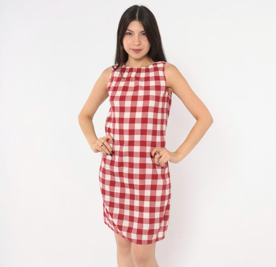 Y2K Red Gingham Dress White Checkered Sleeveless A Line Shift Crinkle Texture Summer Picnic Cottagecore Prairie Sundress Vintage Medium M