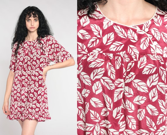 Leaf Print Tent Dress 90s Dark Raspberry Red Tropical Dress Mini Yoke Short Sleeve Summer Botanical Hippie Bohemian Vintage Small Medium