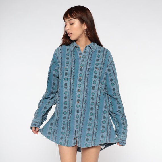 Southwestern LL Bean 90s Western Rodeo Outdoor Flannel Button Up Shirt Teal Blue Geometric Striped Pattern Grunge Long Sleeve Extra Large XL