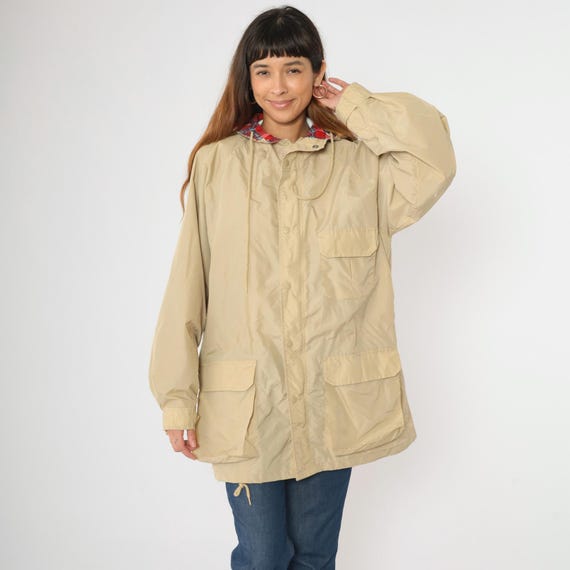 Vintage Beige Hooded Rain Jacket 80s Open Trails Plaid Lined Nylon Anorak Snap Front Oversized Outdoor Coat 1980s Windbreaker Large L