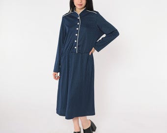 Vintage Polka Dot Dress 70s Midi Dark Blue Boho Button Up High Waisted Shirtdress 1970s Long Sleeve Dress Secretary Mandarin Collar Large L