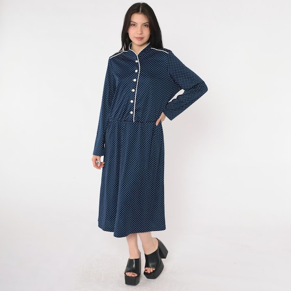 Vintage Polka Dot Dress 70s Midi Dark Blue Boho Button Up High Waisted Shirtdress 1970s Long Sleeve Dress Secretary Mandarin Collar Large L