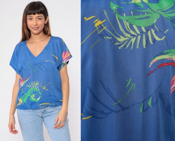 Tropical Floral Shirt 90s Blue V Neck Blouse Hawaiian Jungle Bird of Paradise Leaf Print Short Sleeve Retro Top Boho Vintage 1990s Medium M