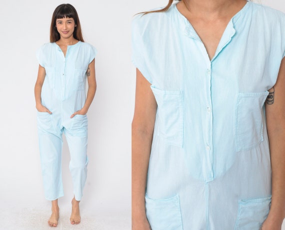 Light Blue Jumpsuit 80s Cotton Button Up Jumpsuit Cropped Leg Pants Vintage Cap Sleeve Romper Pastel Casual Summer 1980s Ankle Medium