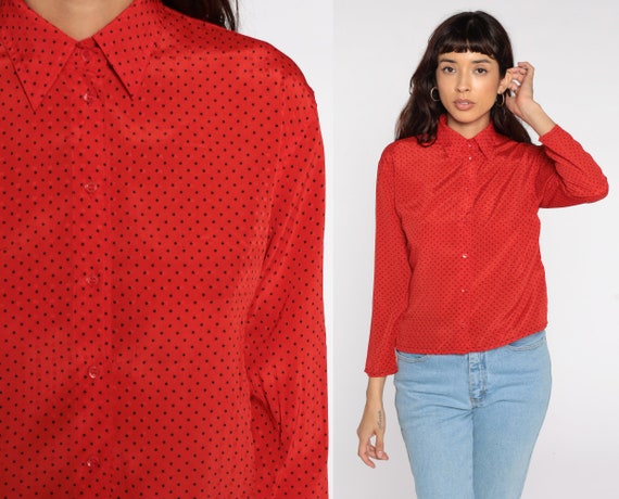 Polka Dot Shirt -- Red Top Button Up Shirt 80s Blouse Long Sleeve Vintage 90s Retro Small S