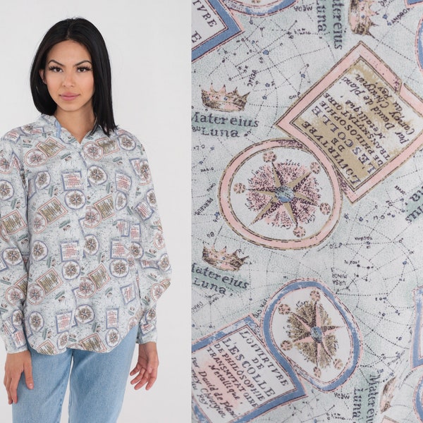 Compass Print Shirt 90s Button Up Top Map Atlas Print Retro Long Sleeve Collared Blouse Statement Pattern Vintage 1990s Dockers Medium M