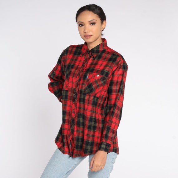 Red Plaid Shirt Y2k Soft Flannel Checkered Button Up Blouse Grunge Lumberjack Long Sleeve Collared Top Hipster Vintage 00s Large xl l