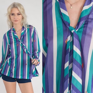 Striped Necktie Blouse 70s 80s Ascot Shirt Preppy Retro Secretary Blouse Long sleeve Button up Top Green Purple White Vintage 1970s Medium M