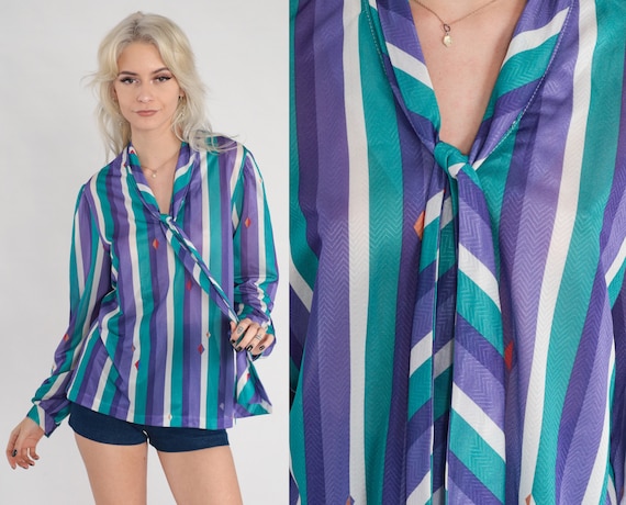 Striped Necktie Blouse 70s 80s Ascot Shirt Preppy Retro Secretary Blouse Long sleeve Button up Top Green Purple White Vintage 1970s Medium M